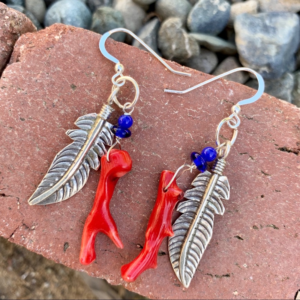 Coral Branch and Sterling Feather earrings